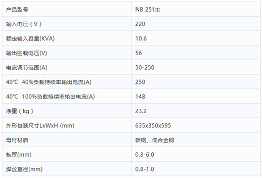 博亿国际NB 251III焊机技术参数